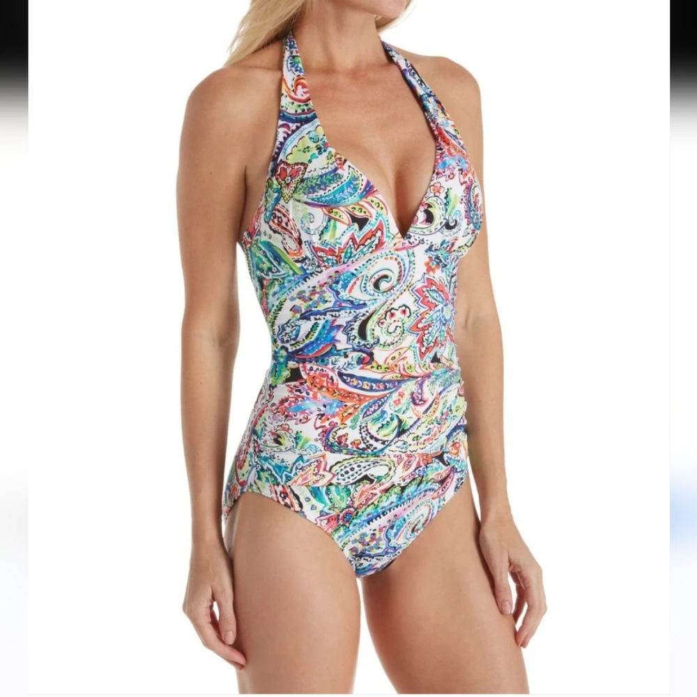 Lauren Ralph Lauren White Multi Color Floral Halter 1-Piece Swimsuit Size 8 NWOT